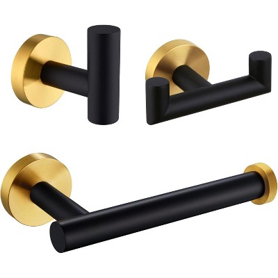 Mixxidea Round Single Towel Hook Bundle with Double Robe Hook, Toilet Paper Holder (Black & Gold)