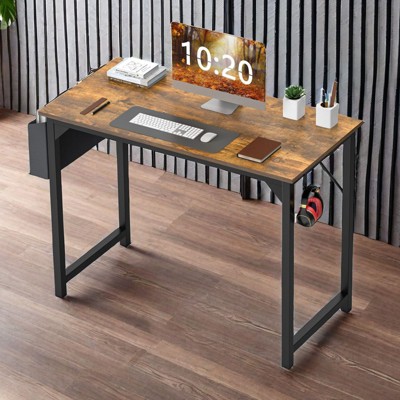 Infurnic Desks Computer Desk with Storage Bag and Headphone Hook, Small Home Office Writing Study Desk PC Table for Student Adult, Brown, 34"*3"*22"