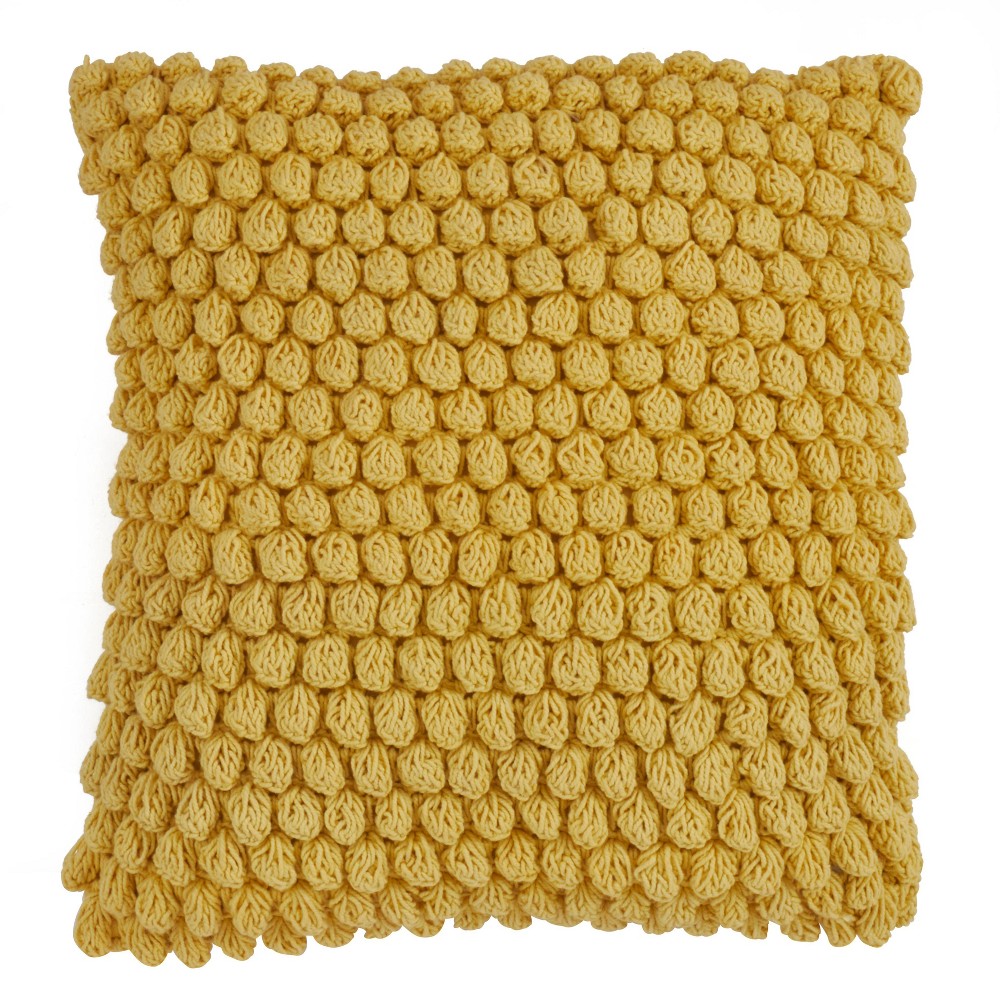 20"x20" Oversize Down Filled Crochet Pom-Pom Square Throw Pillow Yellow - Saro Lifestyle: Hand Wash, Indoor Duck Feather Filled