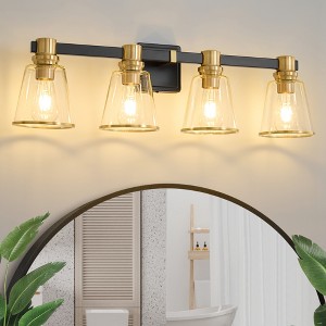 POWLIG 30-in 4-Light Black&Gold Modern Dimmable Vanity Light with Cone Clear Glass Shade Suitable for Bathroom Living Room - 1 of 4