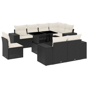 vidaXL 9 Piece Patio Sofa Set with Cushions Black Poly Rattan - Black and Cream without storage - 1 of 4