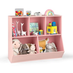 Costway 5-Cubby Kids Toy Storage Organizer Wooden Bookshelf Display Cabinet Natural/White - 1 of 4