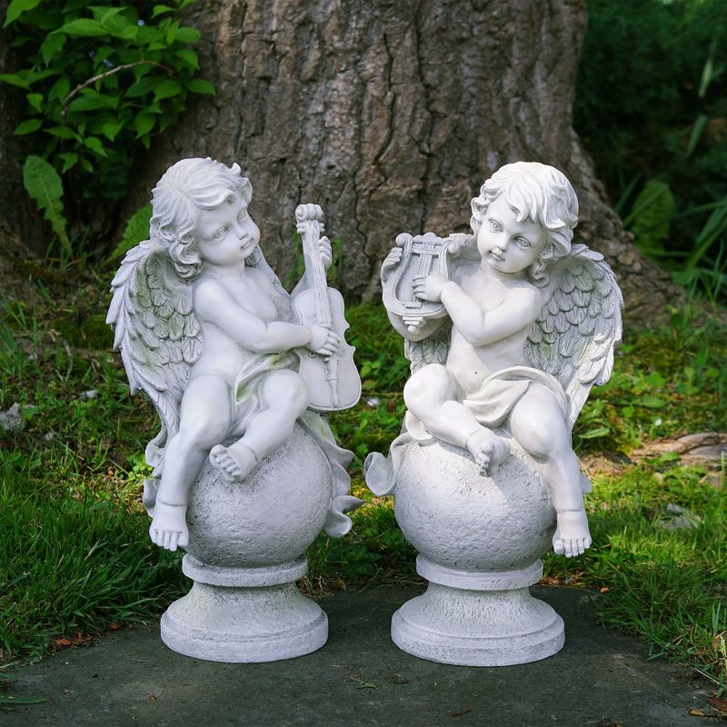 Northlight Set of 2 Cherub Angels with Instruments Outdoor Patio Garden Statues 14.75" - White/Green, 2 of 3