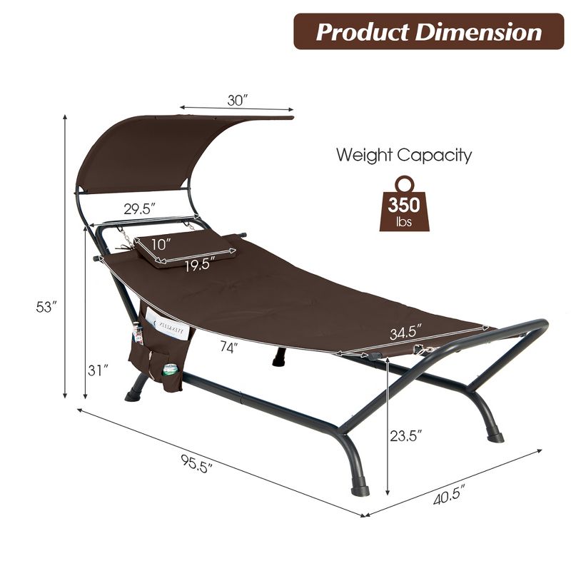 Costway Patio Hanging Chaise Lounge Chair with Canopy, Cushion, Pillow & Storage Bag Blue/Beige/Brown, 4 of 11
