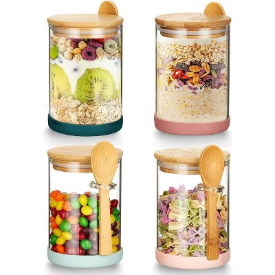 4-Pack 17oz Airtight Glass Jars with Bamboo Lids & Spoons for Oats & Dry Food