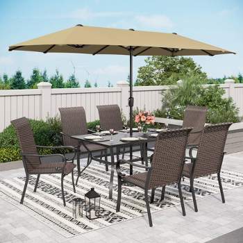 7pc Patio Dining Set with Rattan Arm Chairs & Rectangle Steel Table - Captiva Designs