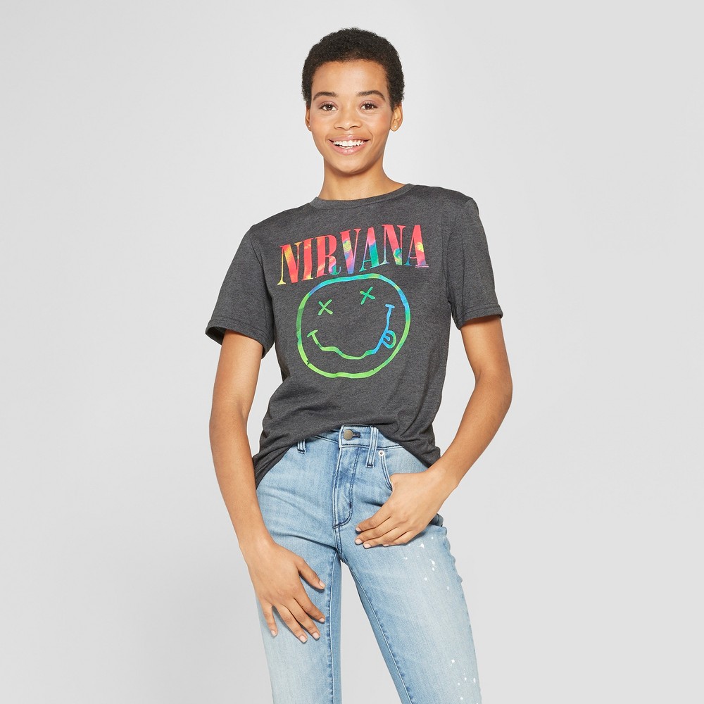 Women's Nirvana Neon Smile Short Sleeve Boyfriend T-Shirt - (Juniors') - Black XL