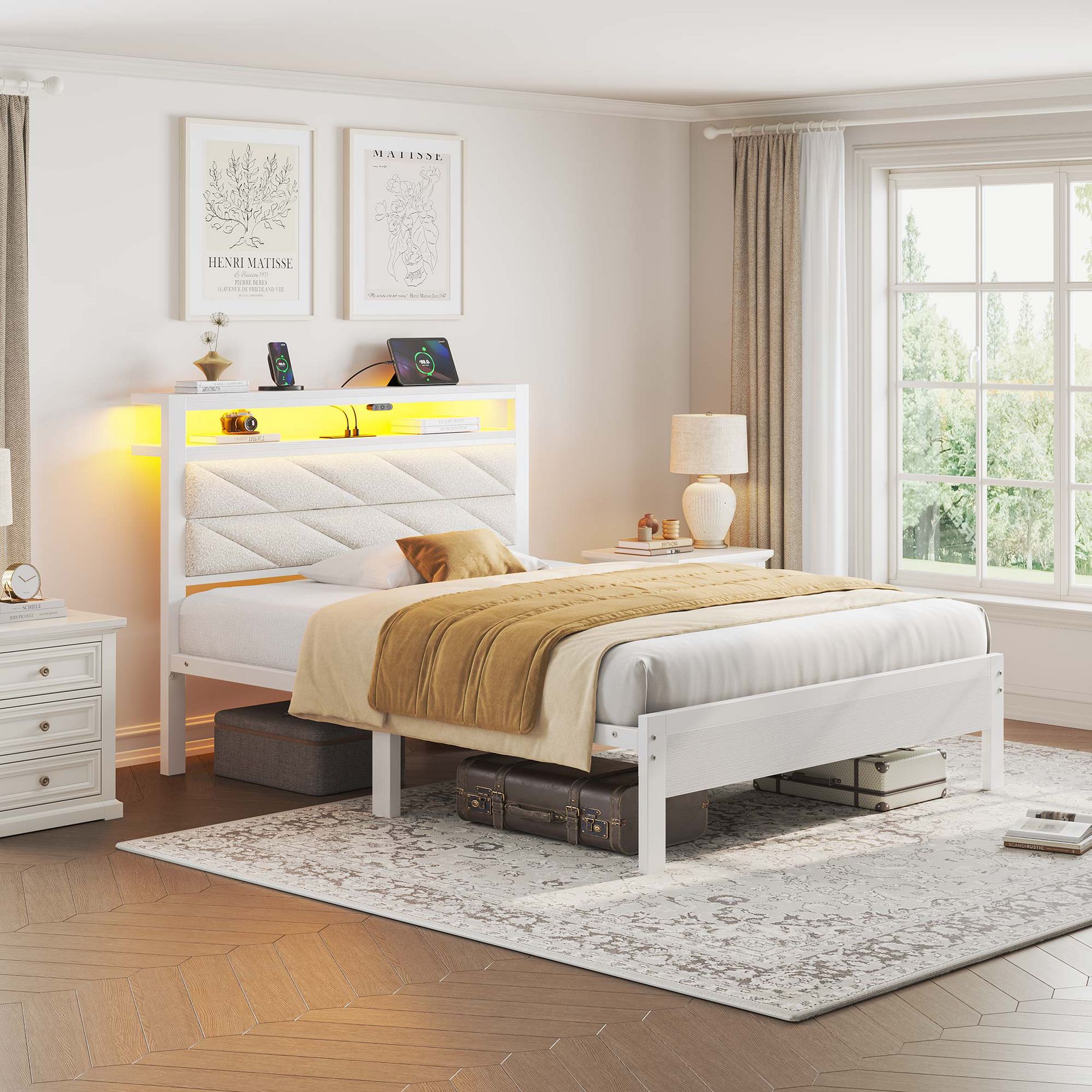 Greenstell Twin Bed Frame with Upholstered Storage Headboard & Charging Station White