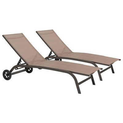 2pc Outdoor Adjustable Chaise Lounge Chairs with Wheels - Brown - Crestlive Products
