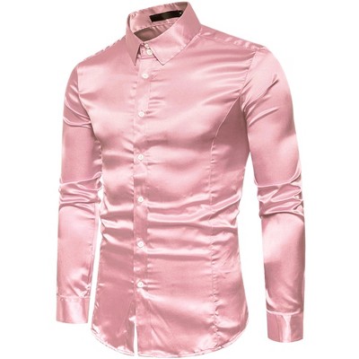 Lars Amadeus Men's Satin Point Collar Long Sleeve Button Down Dress Shirts  Pink Medium : Target