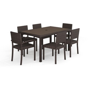 Martha Stewart Bedford 7-Piece Indoor-Outdoor Dining Set with 6 Stackable Dining Chairs and 60" Patio Table with Engineered Wood Top in Rattan Wicker - 1 of 4
