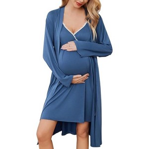 Ekouaer Women's Nursing Nightgown Maternity Nightgowns for Breastfeeding Postpartum Nightgown and Robe Pregnancy Clothes Navy Blue M - 1 of 4