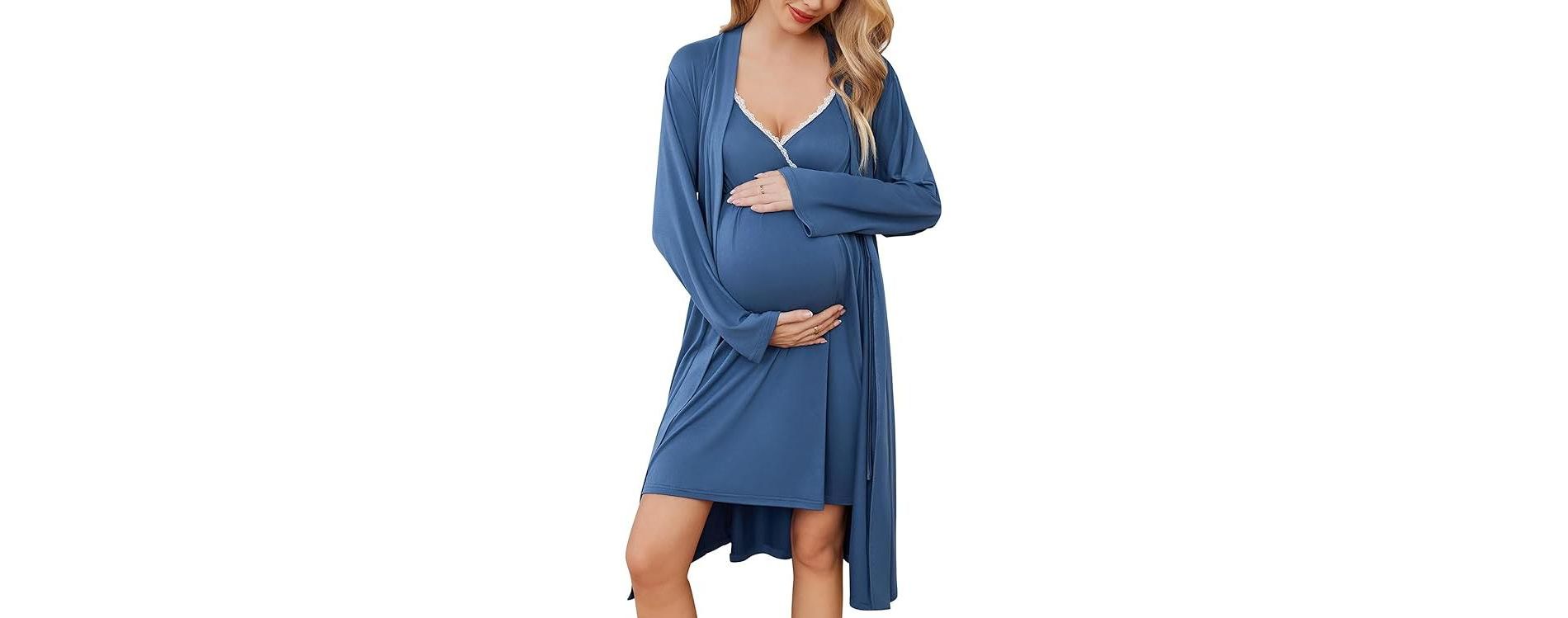 Ekouaer Women's Nursing Nightgown Maternity Nightgowns for Breastfeeding Postpartum Nightgown and Robe Pregnancy Clothes Navy Blue M