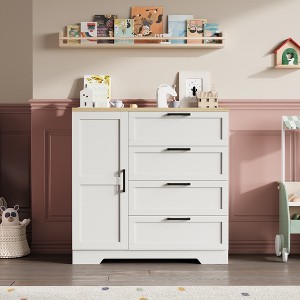 43.3'' H Armoire Wardrobe Closet with 4 Drawers and Hanging Rod,Multifunctional Wood 4 Drawers Dresser with Storage Closet, Clothing Storage Cabinets - 1 of 4
