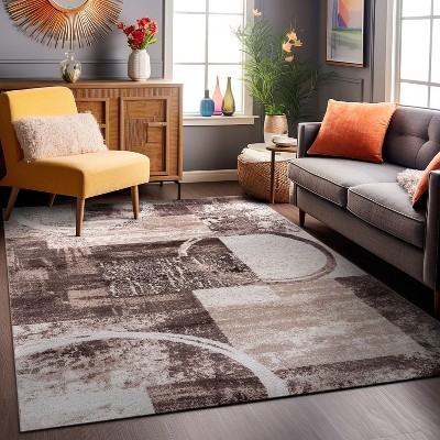 Brown Abstract Circle Design Easy Care Area Rug 3'3" x 5'