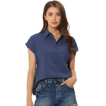 Allegra K Women's Casual Summer Linen Button Down Cap Sleeve Cotton Collar Shirts