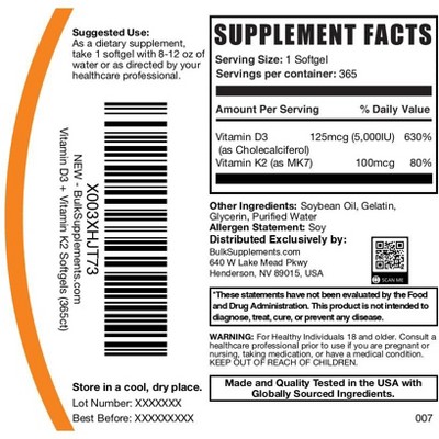 BulkSupplements Vitamin D3 + K2 Softgels