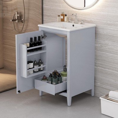 KWPZQEB 20" Bathroom Vanity with Ceramic Basin, Undermount Vanity Sink Cabinet with Adjustable Shelves and Drawer, Storage Cabinet for Bathroom