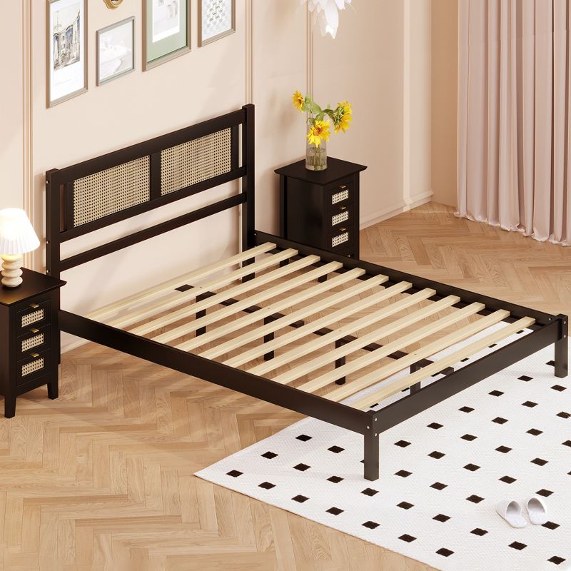 Queen/Full Size Wooden Platform Bed with Natural Rattan Headboard 4A -ModernLuxe, 3 of 9