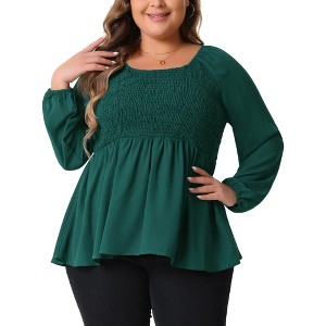 Agnes Orinda Women's Plus Size Smocked Peplum Round Neck Long Sleeve Chiffon Shirt Blouses - 1 of 4