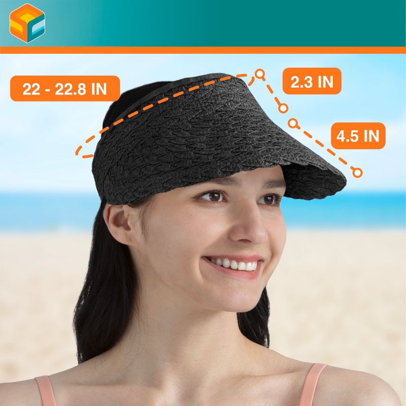 SUN CUBE Womens Sun Visor Hat, Straw Beach Hat Wide Brim UV Protection, Foldable Packable Cap, Roll Up Ponytail Summer Visor, 5 of 8