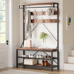 72 Inch Industrial Hall Tree with Bench and Shoe Storage, Metal Frame Coat Rack Shoe Bench with 8 Hooks & Storage Shelf for Entryway, Hallway - 1 of 4