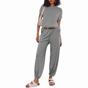 Ekouaer Two Piece Outfits Lounge Sets for Women Sweater Sets Knit Short Sleeve Tops Jogger Pants Matching Tracksuit - 1 of 4