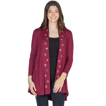 24seven Comfort Apparel Womens Long Sleeve Mid Thigh Open Front Cardigan with Grommet Details