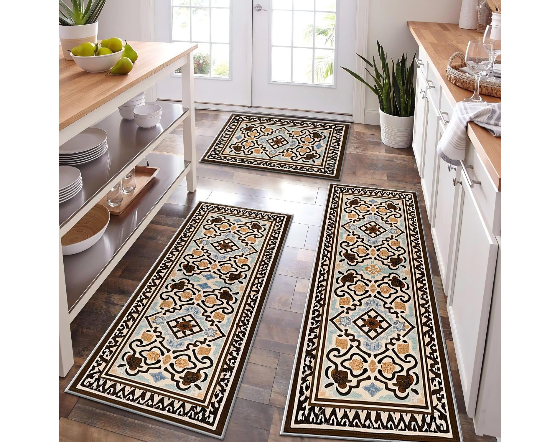 DOMETOUR Farmhouse Kitchen Rugs Set of 3 Washable Throw Rugs with Rubber Backing Non Slip Floor Mats Carpet for Kitchen, Laundry Room