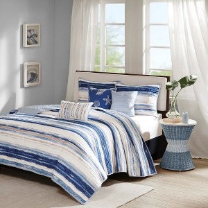 Sapphtopaz 6-Piece Watercolor Coastal Stripe Reversible Quilt Set, Printed Sheet Set with Throw Pillows, Sheets Bed Set for Women, Men, Kids & Teens - 1 of 4