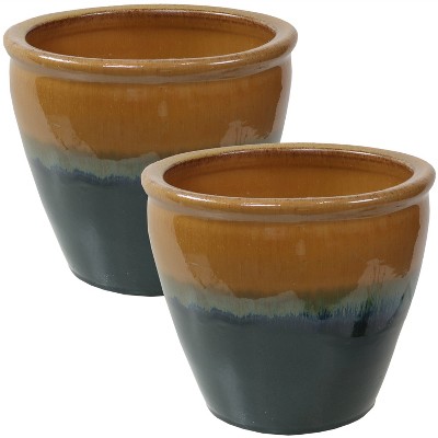 Sunnydaze Chalet Outdoor/Indoor High-Fired Glazed UV- and Frost-Resistant  Ceramic Pots with Drainage Holes - 12 Diameter - Forest Lake Green - 2-Pack