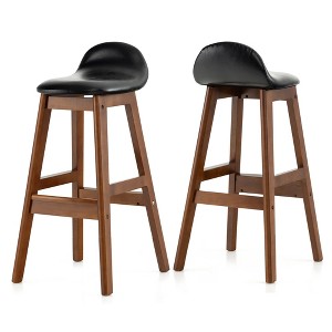 Costway Set of 2 Upholstered PU Leather Barstools 27.5'' Wooden Dining Chairs Black&Brown - 1 of 4