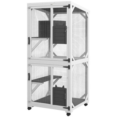 Large White and Gray Wooden Outdoor Cat House with Wheels