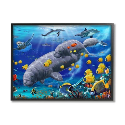 Stupell Industries Manatees & Fish Swimming Framed Giclee Art