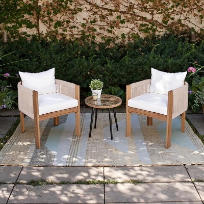 Outdoor Dining Chairs Set of 2,Fabric Upholstered Dining Chair with Acacia Wood Frame,Rope Woven Armrests Patio Dining Chair-Coolbibila