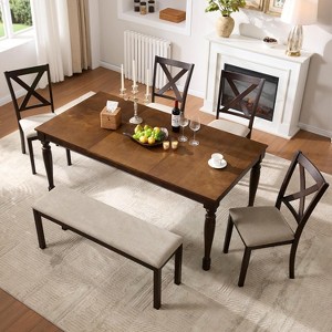 AMERLIFE Farmhouse 6-Piece Dining Table Set, Solid Wood Table, 4 Upholstered Chairs and Bench - 1 of 4