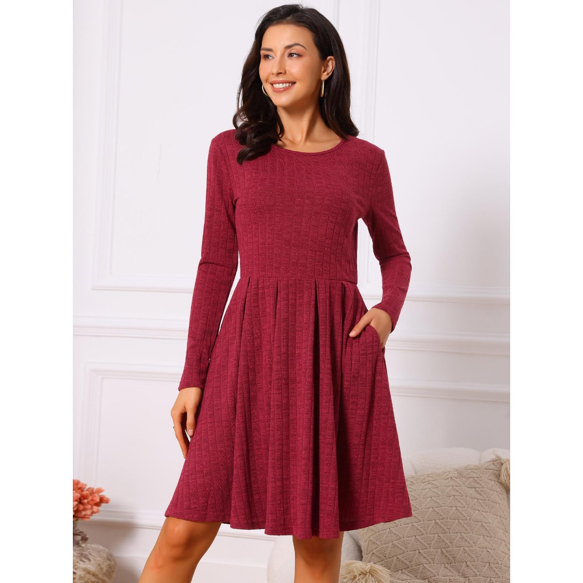 Женские платья INSPIRE CHIC Women's Long Sleeve Round Neck A-Line Swing Knee Length Dress with Pockets Wine Red Medium — фото 3