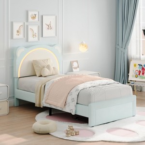 Bed Frame with Velvet Upholstered Platform, Adjustable Headboard & Wooden Slats Support, Storage Drawer Design - 1 of 4
