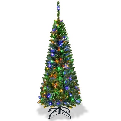 Tangkula 4.5ft Pencil Christmas Tree Pre-Lit Hinged Artificial Decoration w/ 150 Colorful Lights