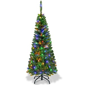 Tangkula 4.5ft Pencil Christmas Tree Pre-Lit Hinged Artificial Decoration w/ 150 Colorful Lights - 1 of 4