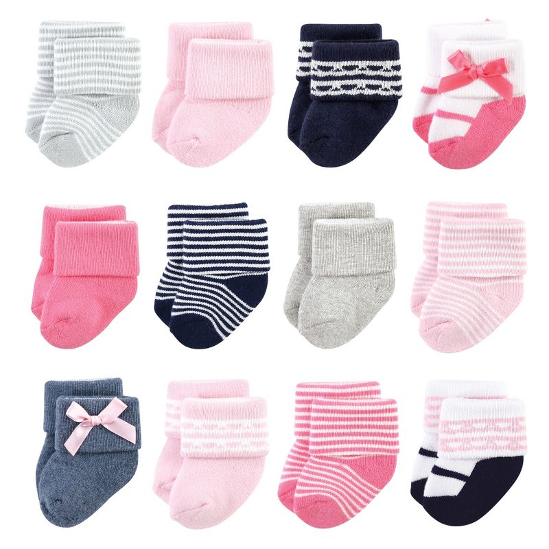 Luvable Friends Infant Girl Newborn and Baby Terry Socks, Pink Scroll, 1 of 9