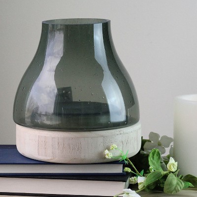 Storm Gray Bubble Glass Hurricane Candle Holder with Wooden Base