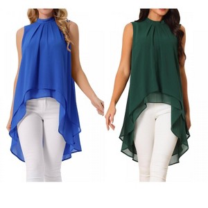 INSPIRE CHIC Women's Casual Tie Back Asymmetrical High Low Sleeveless Mock Neck Flowy Blouse 2 Packs - 1 of 4