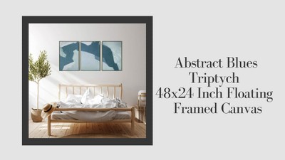 48" x 24" Abstract Blues Triptych Canvas with Gold Frame