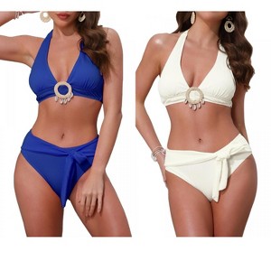 INSPIRE CHIC Women's O Ring Seashell Pendants Ribbed Halter Top Triangle Bottoms Swimwear Bathing Bikini Suits 2 Sets - 1 of 4