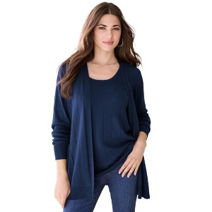 Roaman's Plus Size Drop Needle Cardigan Lightweight Sweater Knit - 1 of 2