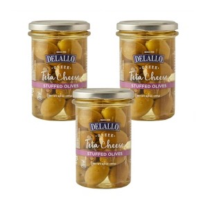 DeLallo Greek Feta Cheese Stuffed Olives, 9.9 oz. Jar, (3 Pack), Halkidiki Green Olives From Greece, Ready to Eat - 1 of 4