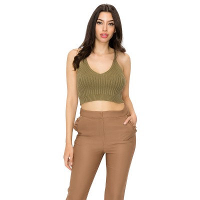 Slickblue Women's Olive Scoop Neck Crop Top, Ribbed Knit, Cami Strap Style, Square Back, Size S-L