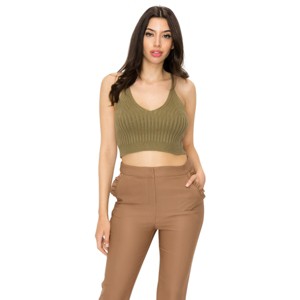 Slickblue Women's Olive Scoop Neck Crop Top, Ribbed Knit, Cami Strap Style, Square Back, Size S-L - 1 of 4