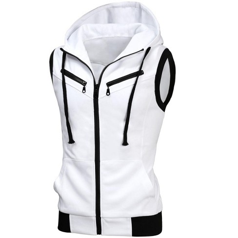 Lars Amadeus Men s Sleeveless Regular Fit Zipper Drawstring Hooded Vest Jacket White 46